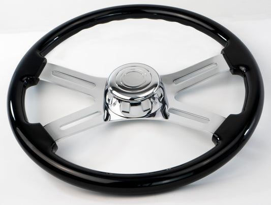 BLACK WOOD STEERING WHEEL WITH 4 CHROME SPOKES