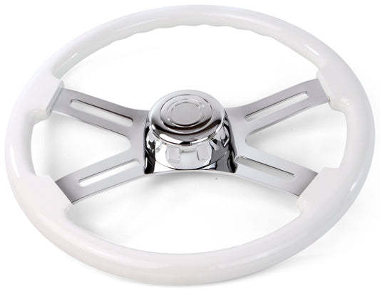 18” White Wood Steering Wheel with 4 Chrome Spokes